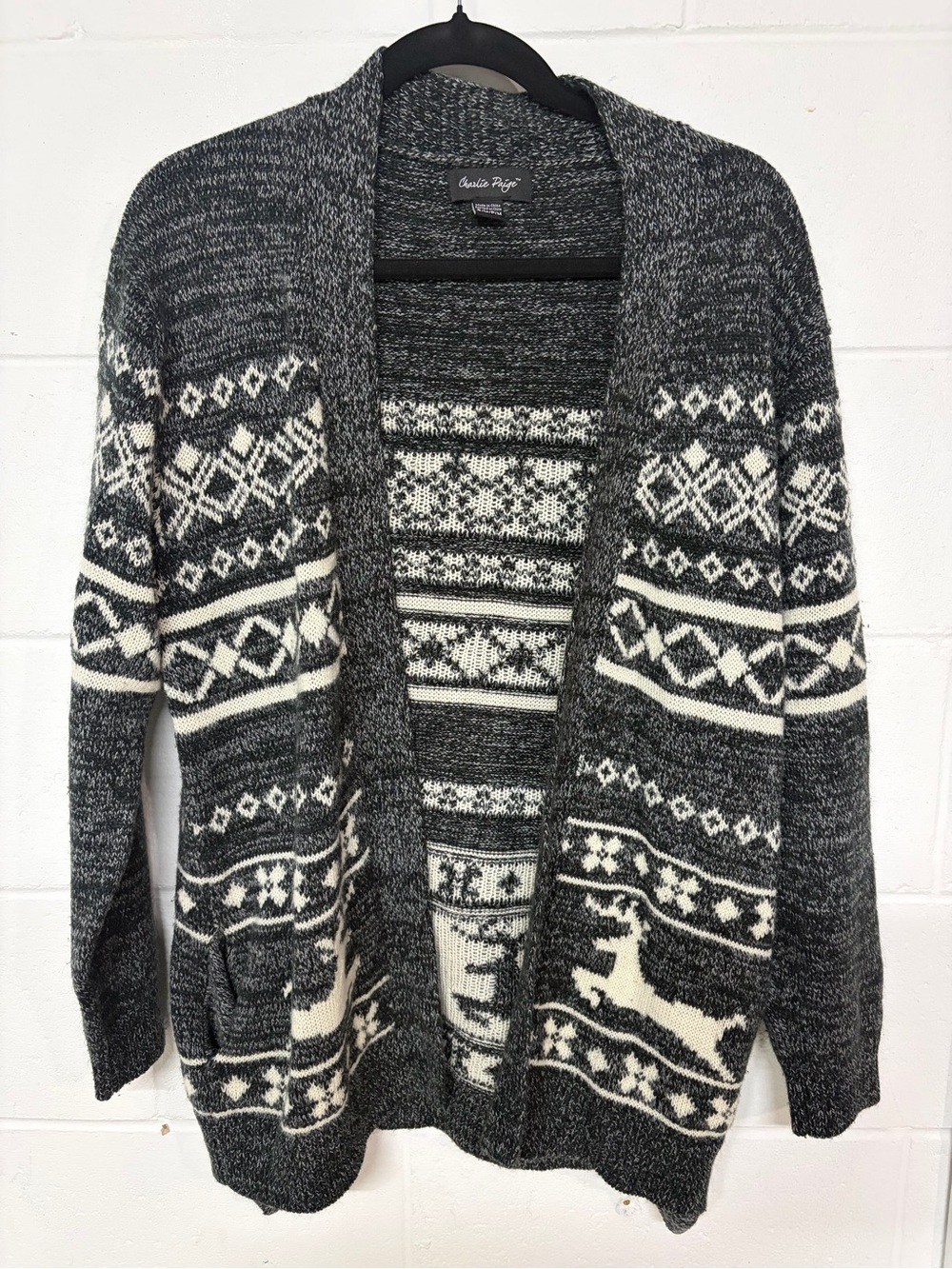 Charlie Paige Charcoal and White Fair Isle Open-Front Cardigan